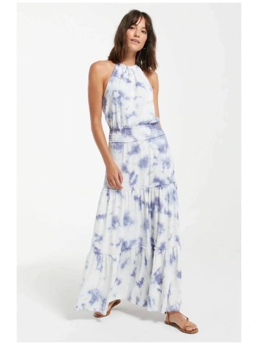 Z Supply Tie-Dye Halter Maxi Dress in White and Blue